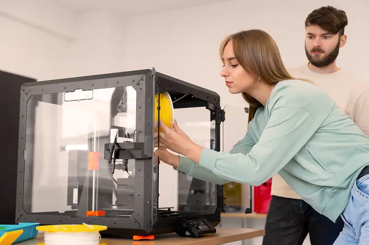 A 3D printer in action, producing highly detailed miniature models, showcasing the impact of 3D printing on the miniature industry